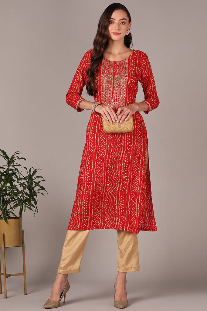 Plus Size Red Viscose Rayon Bandhani Embroidered Straight Kurta VCK9624 - Kurtas & Kurta Sets | Buy online on ZillyBuy