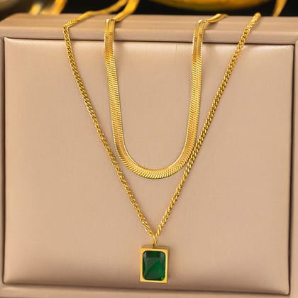 Green Emerald Layered Necklace - Anti-Tarnish Stainless Steel