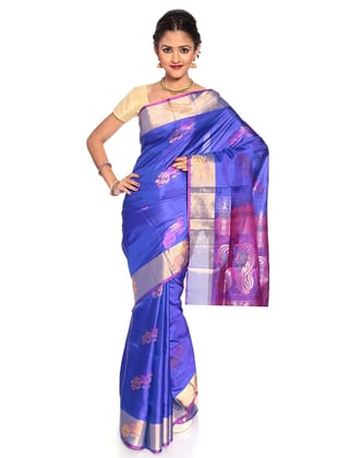 Blue Kanchipuram Silk Saree with Peacock motifs