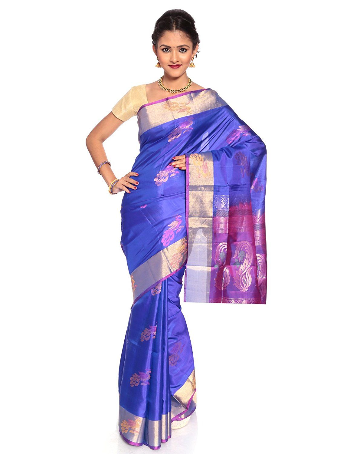 Blue Kanchipuram Silk Saree with Peacock motifs