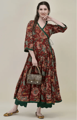 Hand Block Printed Dark Red Cotton Angrakha Suit Set