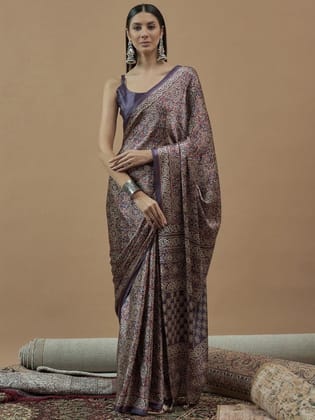 Light Purple Ajrak Crepe Block Print Sarees