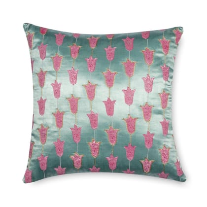 Hand Printed and Embroidered Mashru Cushion Cover Blue Pack of 1 16x16 Inches