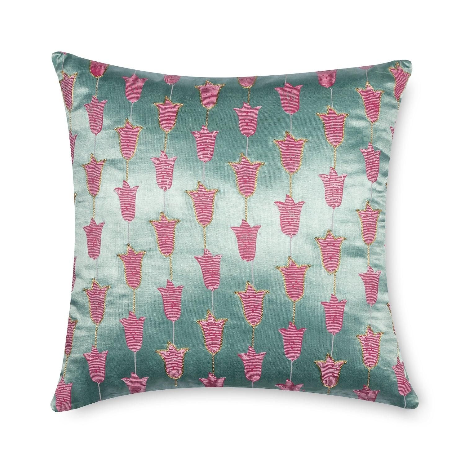 Hand Printed and Embroidered Mashru Cushion Cover Blue Pack of 1 16x16 Inches