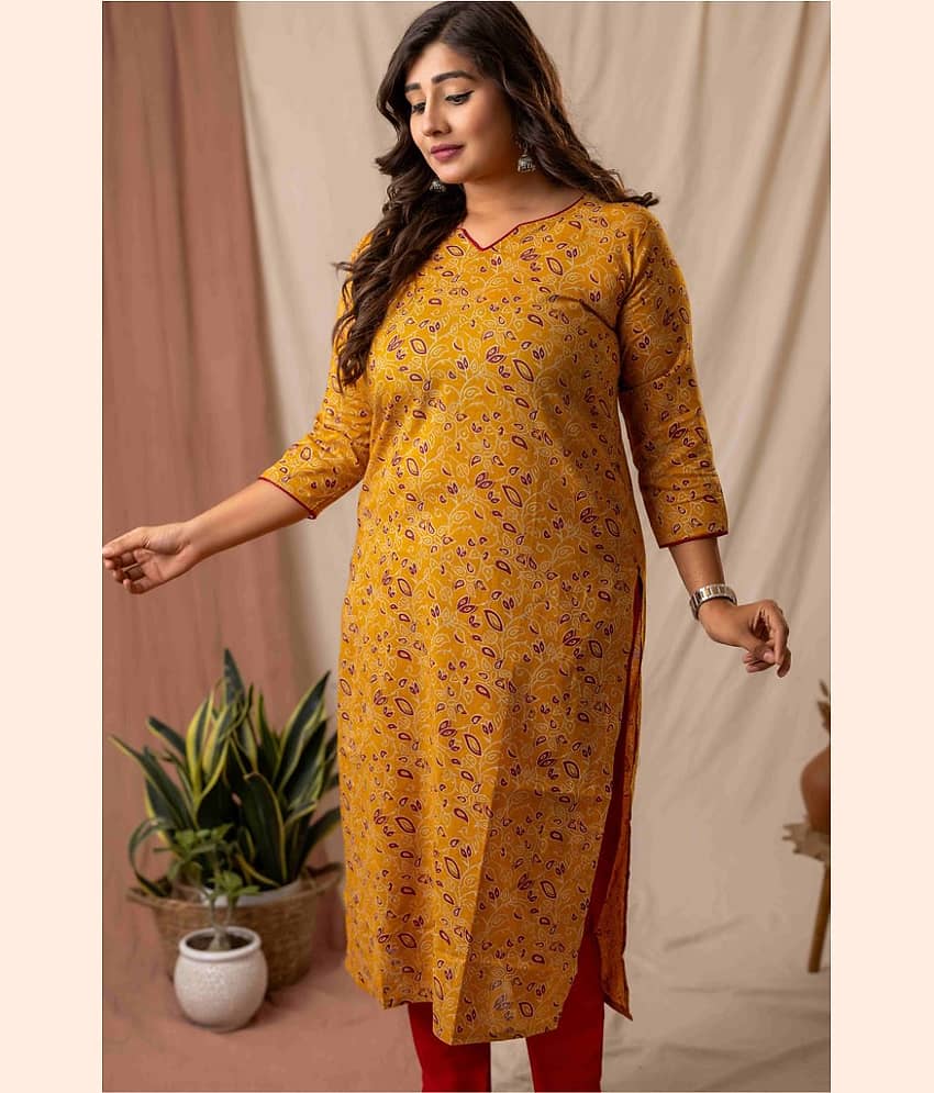 AMTHI Women Cotton Self Design A-line Kurti ( Yellow )