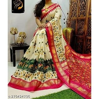 Off White And Pink Colour Printed Ikkat Printed Saree
