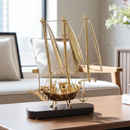 Handcrafted Brass & Wood Ship Showpiece – Home Table Decor, Height : 13.5 Inch (MRMAS227 C)
