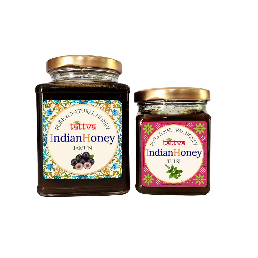 IndianHoney Diabetics-Friendly Jamun Honey & Ayurvedic & Stress-Relief Tulsi Infused Honey Combo Pack (500gm & 230gm) Jamun & Tulsi