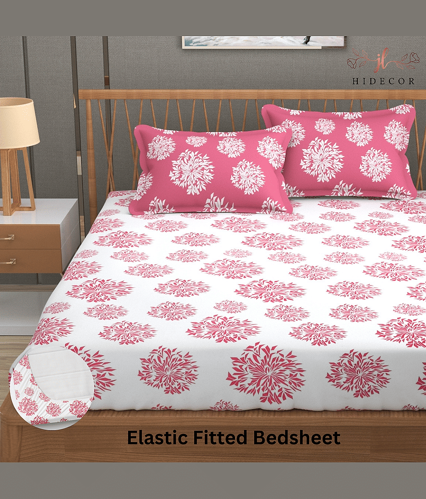 HIDECOR Microfibre Polka Dots Fitted Fitted bedsheet with 2 Pillow Covers ( King Size ) - Baby Pink