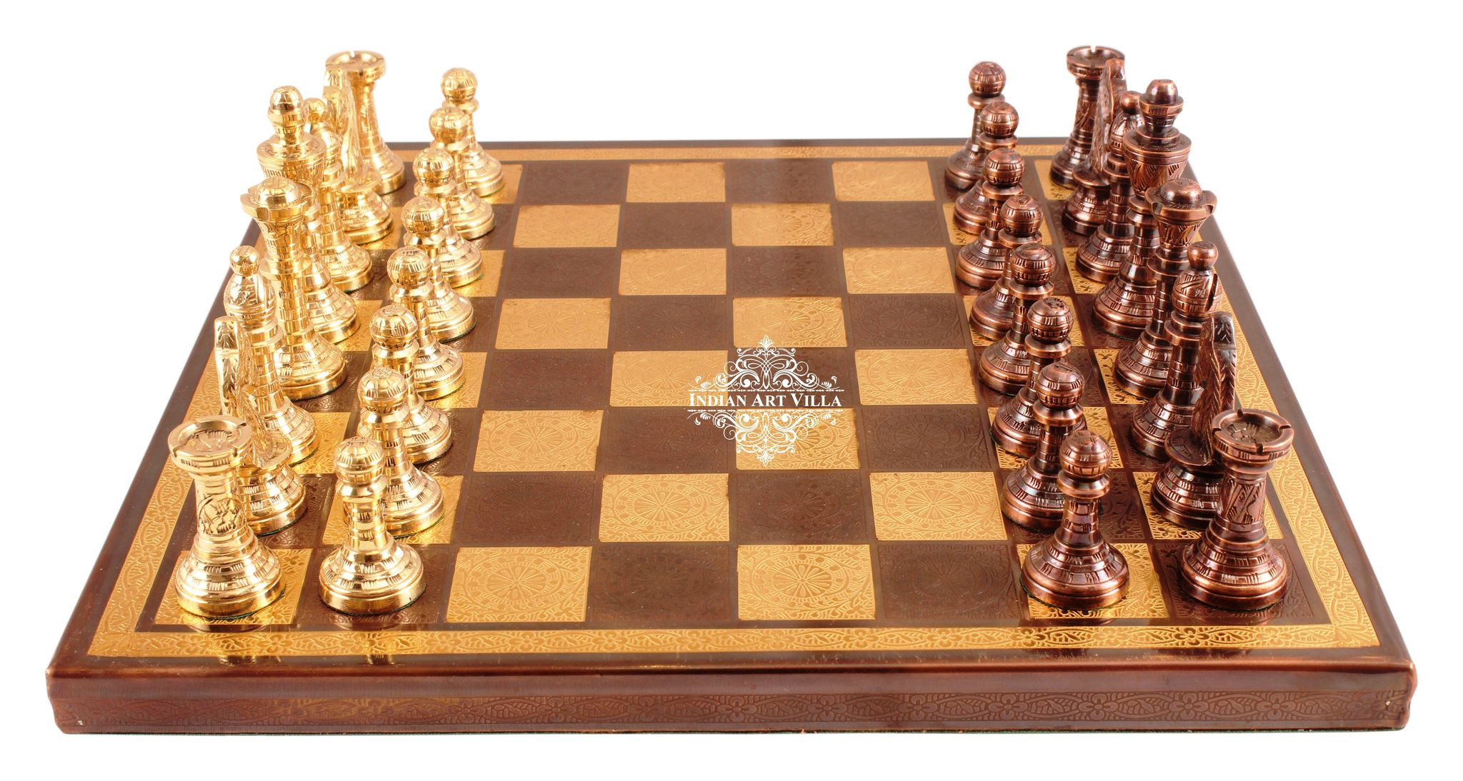Indian Art Villa Brass Handmade Designer Chess Set with all Chessmen, Pieces, Home Decor-BrownGold