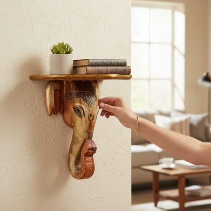 PREET GALLERY Handcrafted Wooden Elephant Wall Shelf | Decorative Hand-Painted Elephant for Home & Office Decor | Wooden Elephant Wall Shelf, 38x19x38 cm, Decorative Elephant Trunk Wall Accent
