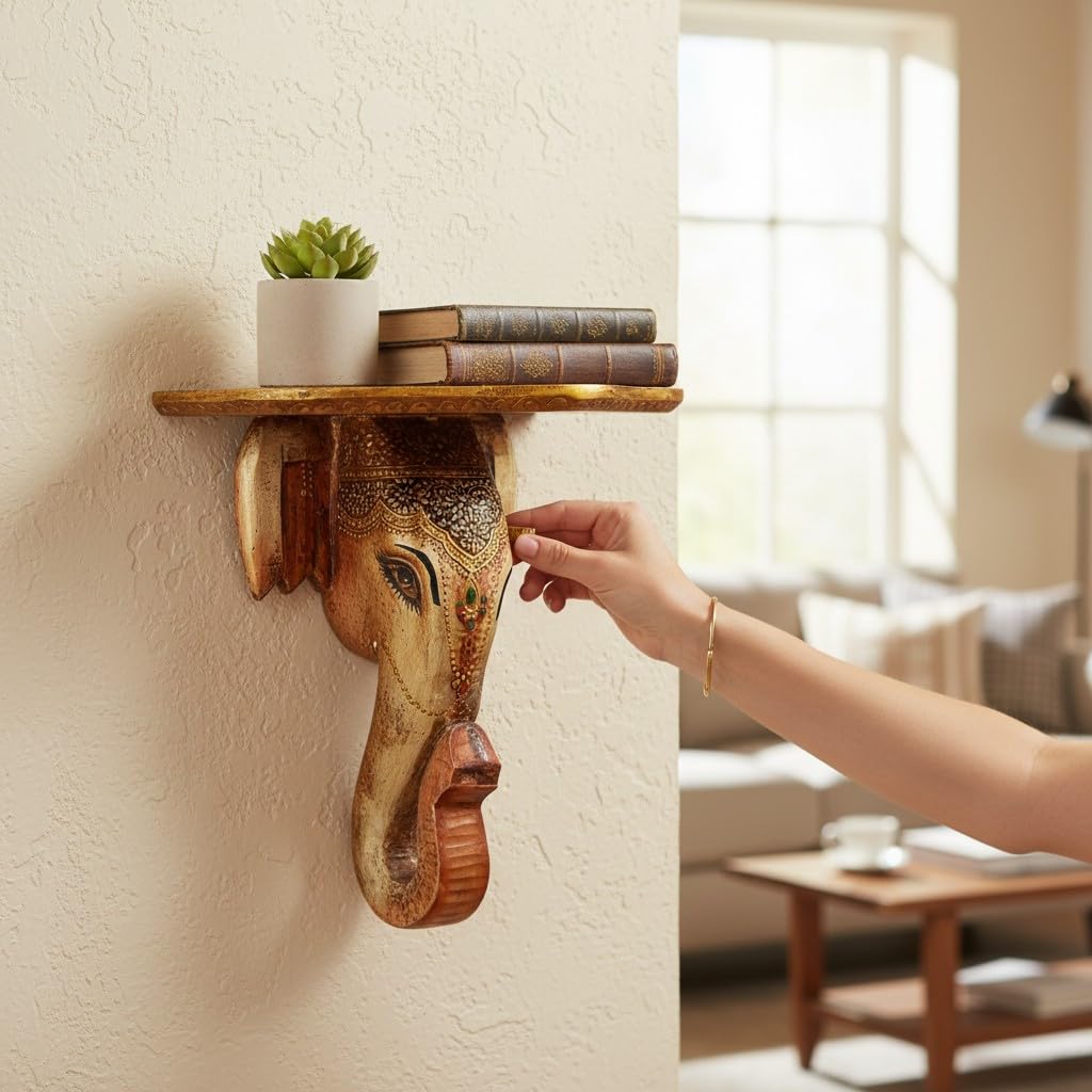 PREET GALLERY Handcrafted Wooden Elephant Wall Shelf | Decorative Hand-Painted Elephant for Home & Office Decor | Wooden Elephant Wall Shelf, 38x19x38 cm, Decorative Elephant Trunk Wall Accent