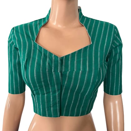 Woven Slub  Cotton Striped Highneck Blouse with Lining,  Teal Green,  BH1223-S