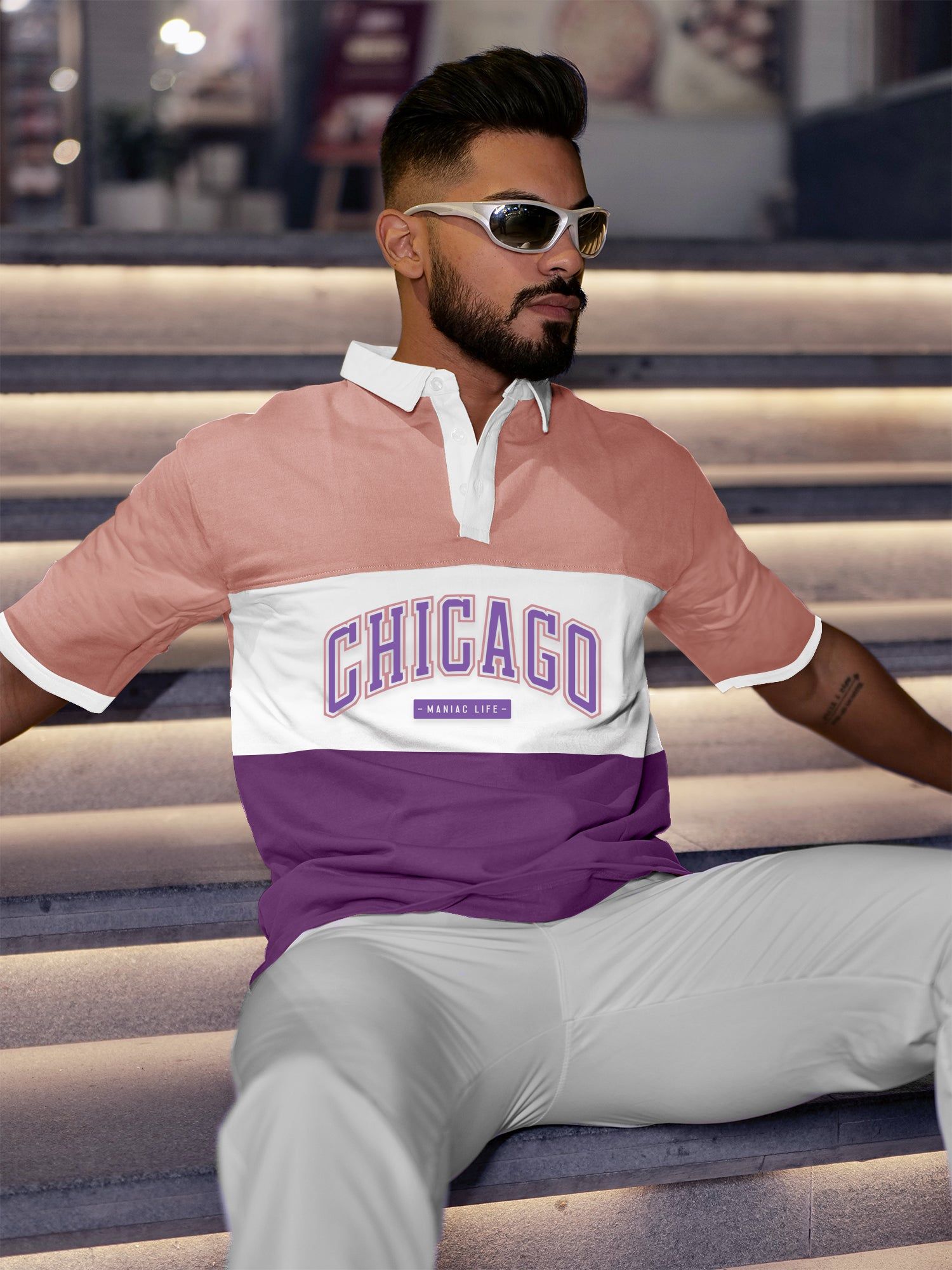 Chicago Pink & White Oversized Half Sleeve Polo T-Shirt-S