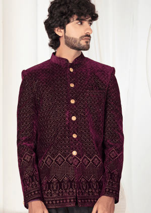Maroon Velvet Self Embroidered Jodhpuri Suit