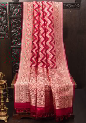 Exquisite Amaranth Red Banarasi Silk Saree with Meenakari Leheria  Jaal  | SILK MARK CERTIFIED