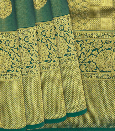 Dark Green Handloom Kanchipuram Silk Saree With Floral Motifs-Dark Green-Dark Green