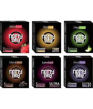 NottyBoy Extra Save Pack Strawberry & Chocolate Flavoured, Ultra Thin, 1500 Dots, Ultra Ribbed, Extra Time Condoms- 18 Units