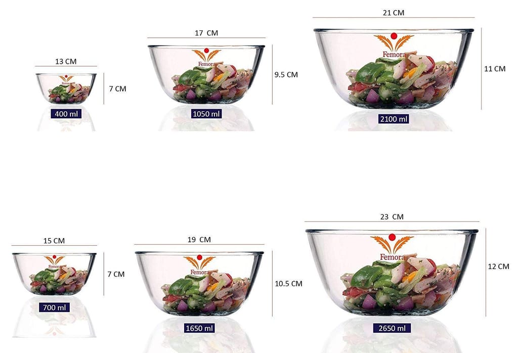 Femora Borosilicate Glass Microwave Safe All-Purpose Mixing Bowl,700 ML, 2650 Ml, Set of 2