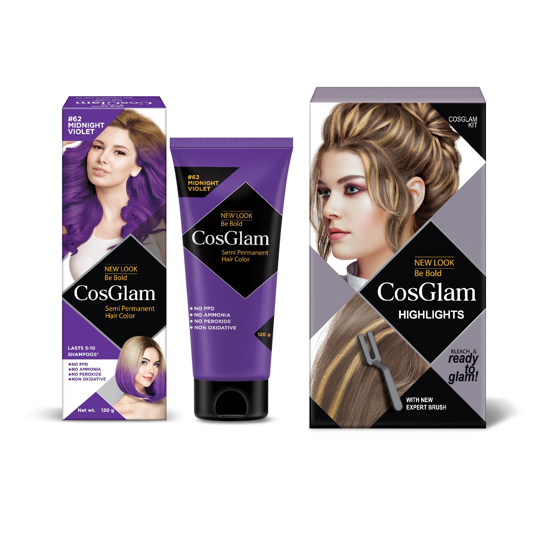 COSGLAM Semi Permanent Hair Color Midnight Violate 120g and Hair Highlighter Kit 115g, Highlights Hair Dye