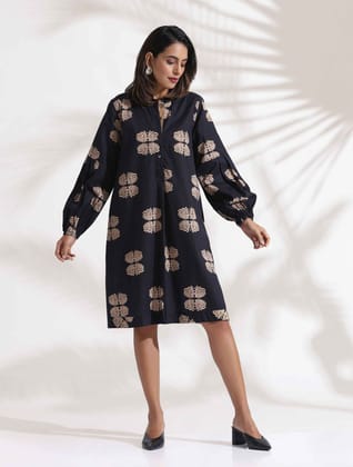 trueBrowns Black Cotton Print Short Dress - Black  (XS)