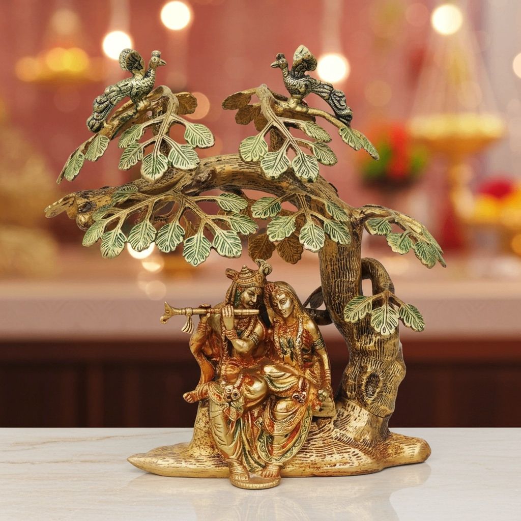 Brass Tree Radha Krishna Idol - Colour Finish Decorative Statue, Height : 14 Inch (BSMAS482)