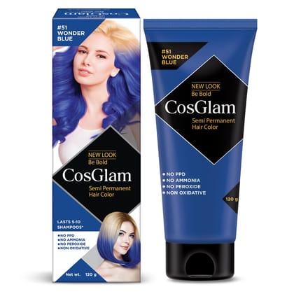 COSGLAM Semi Permanent Hair Color, No Peroxide, Non Oxidative, Ammonia Free Hair Colour 51 Wonder Blue - 120gm COSGLAM Semi Permanent Hair Color, No Peroxide, Non Oxidative, Ammonia Free Hair Colour 51 Wonder Blue - 120gm