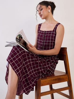 Maroon Check Fit & Flare Dress-XS