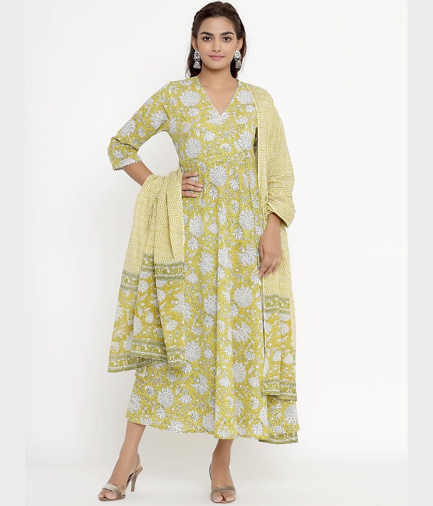 miravan Yellow Cotton Anarkali Kurti -