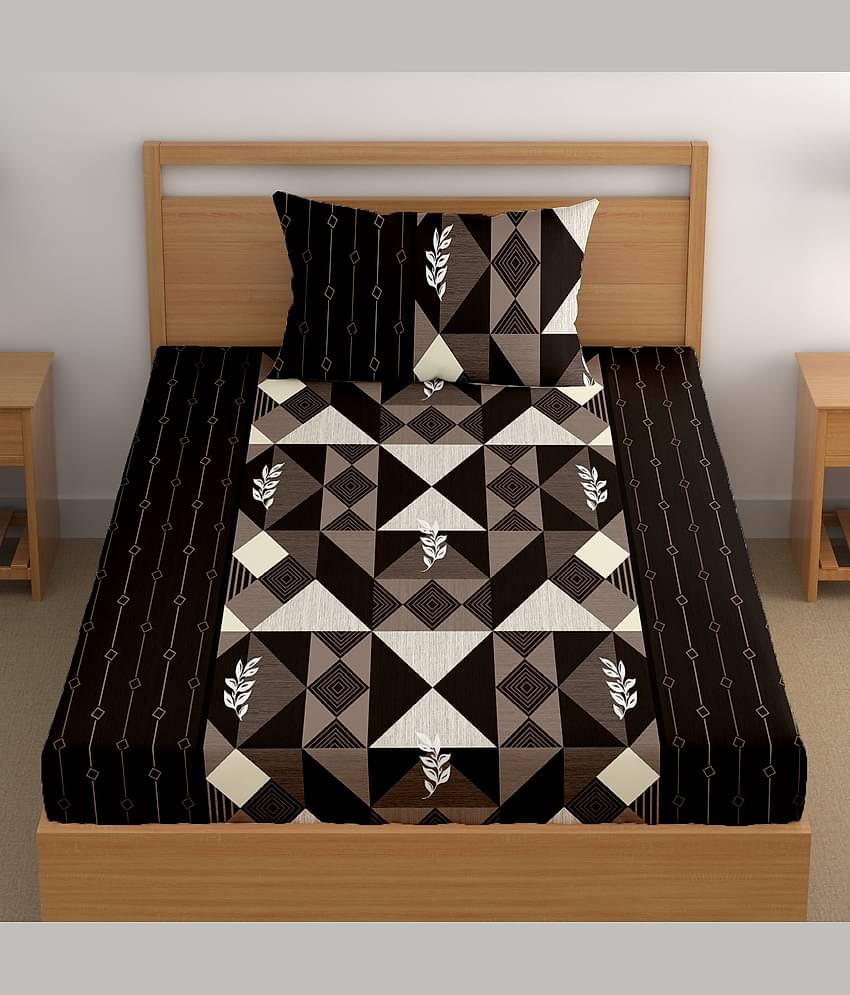 CG HOMES Poly Cotton Geometric Fitted 1 Bedsheet with 1 Pillow Cover ( Single Bed ) - Brown