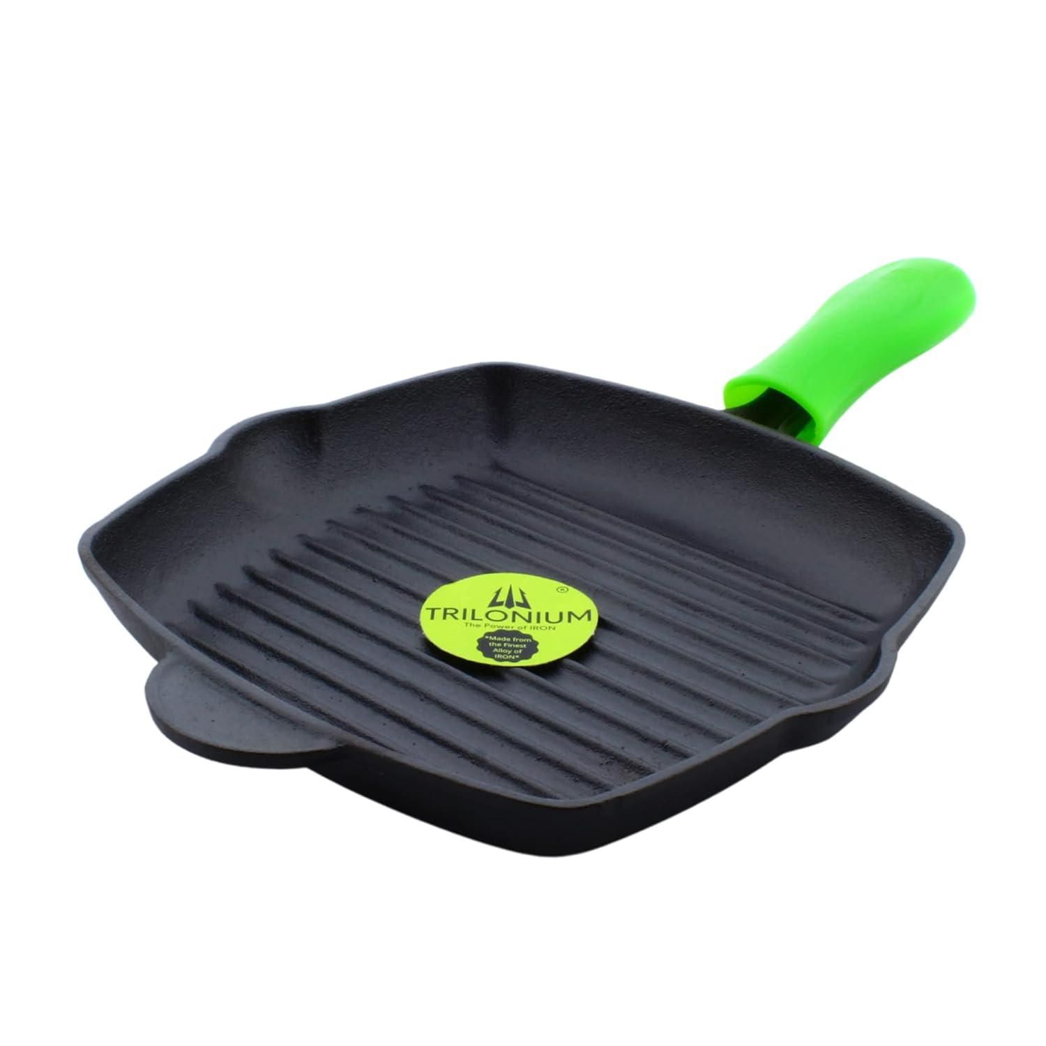 TRILONIUM Cast Iron Grill Pan 26 cm | Pre-Seasoned with TilCrust™ | Weighs 2.4 Kgs | Induction Compatible