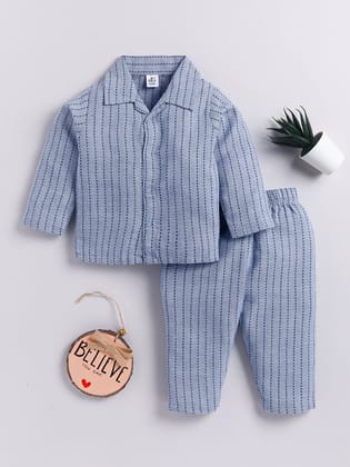 Blue Striped Full Sleeve Night Suit-6-9 m