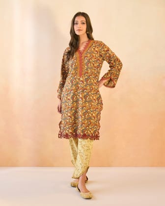 Brown Petal Scallop Kurta-XS / Brown