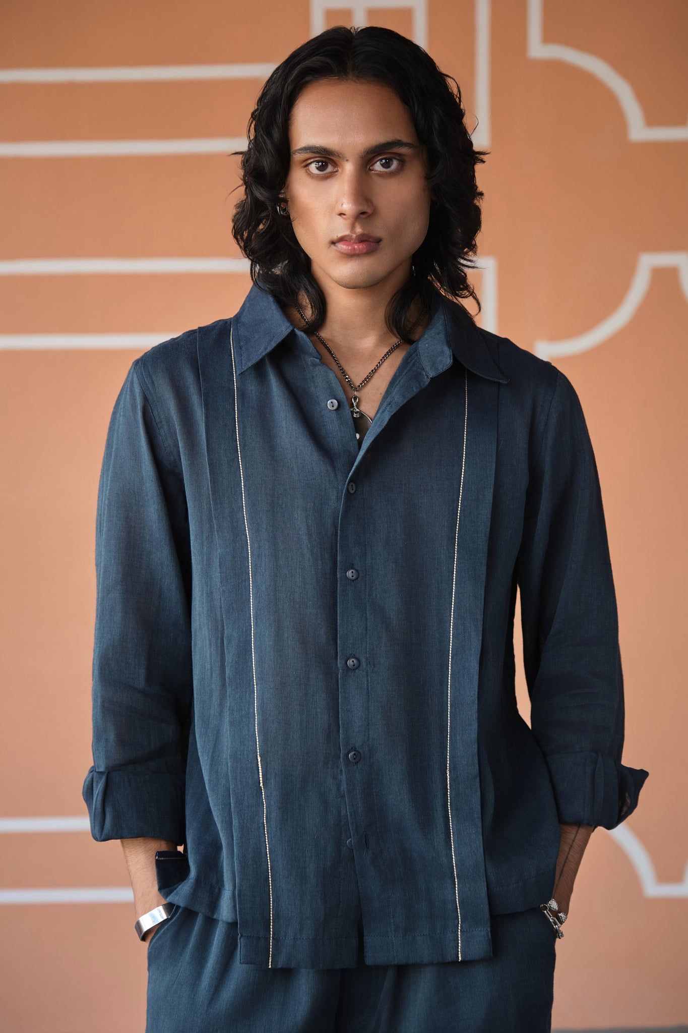 TAILORED YOKE SHIRT- NAVY-XS