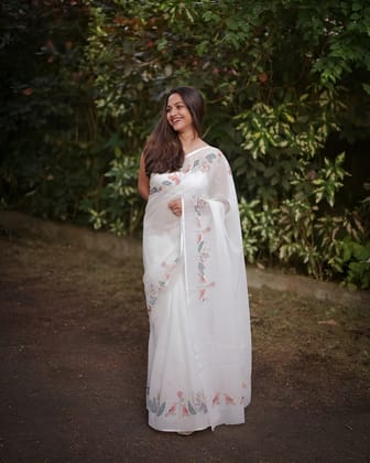 White Linen Saree with Nature-Inspired Digital Print & Latkans | Soft & Breathable