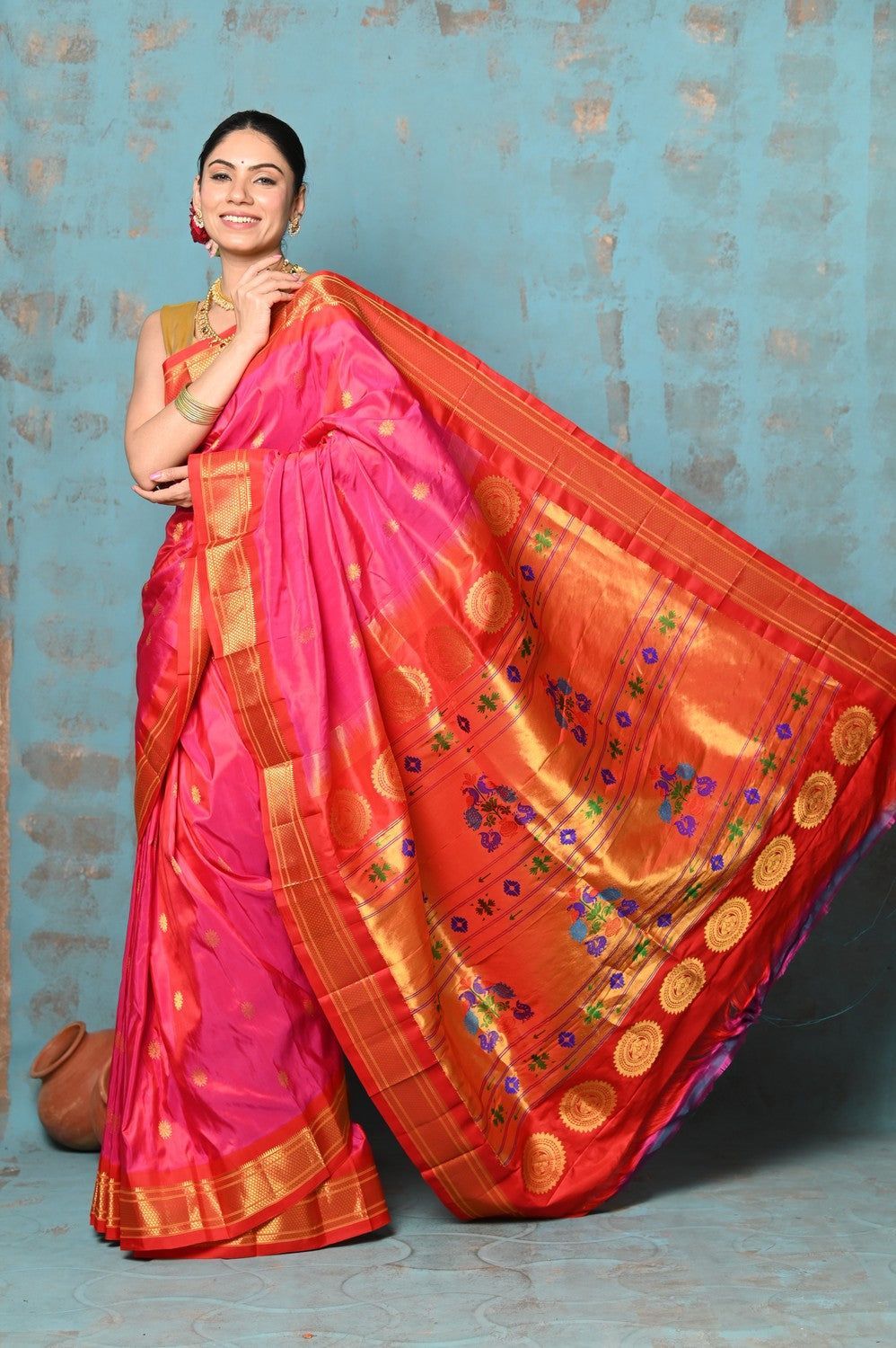 Tyohaar ~ Exclusive Handloom Pure Silk Paithani With Contrast Pallu ~ Pink & Red