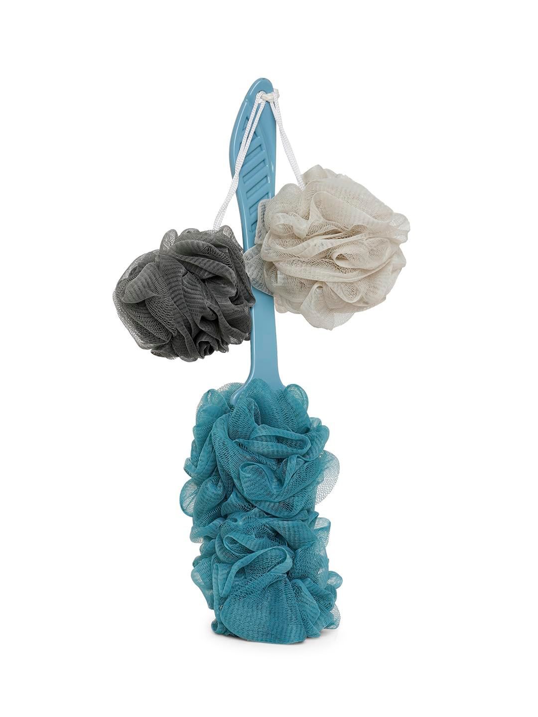 Loofah Bath Brush Set, 3 Pieces - Handle Brush and 2 Loofah Balls, Assorted Colours