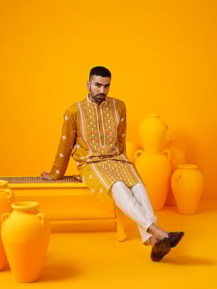 Men's Cotton Silk Mirror Embroidered Mustard Kurta With Cream Trouser-44