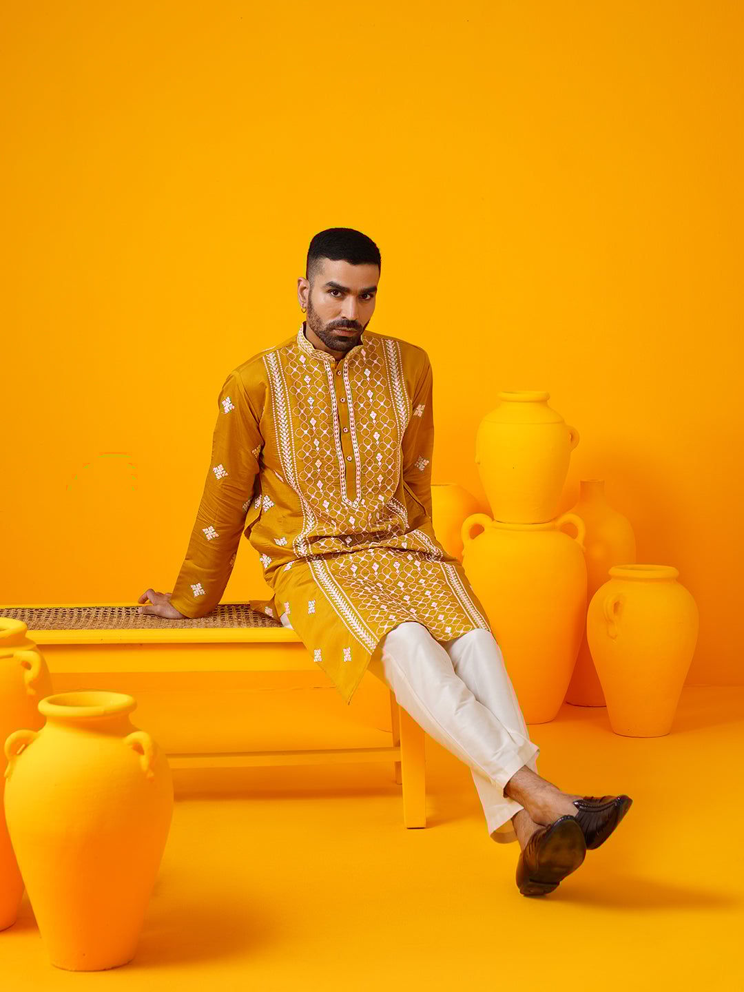 Men's Cotton Silk Mirror Embroidered Mustard Kurta With Cream Trouser-44