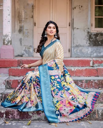 Beige & Teal Tussar Silk Saree with Intricate Kalamkari and Zari Border-Regular