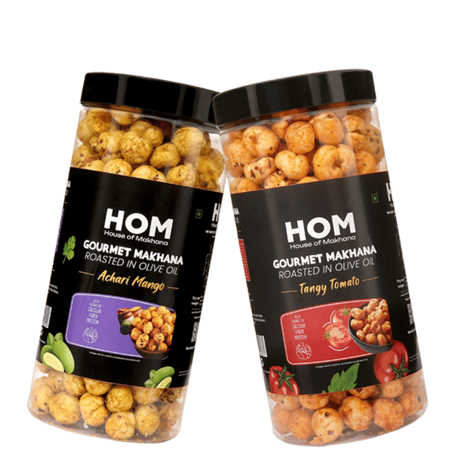 GOURMET MAKHANA Roasted in Olive Oil | Flavors Tangy Tomato & Achari Mango | Combo Of 2, 65g Each. - 130 gm
