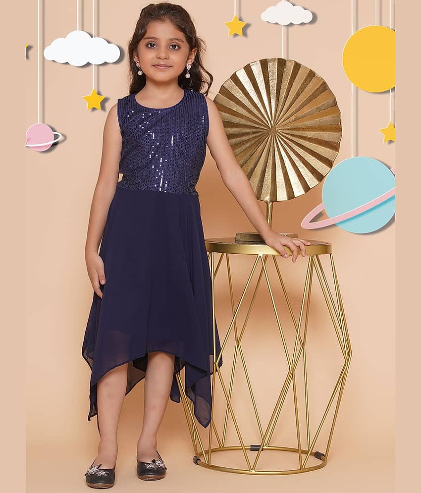 Arshia Fashions Georgette Asymmetric Dress For Girls ( Pack of 1 , Blue )