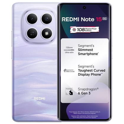 REDMI Note 15 5G (Mist Purple, 8GB RAM 256GB Storage) | 108MP OIS Camera | Snapdragon 6 Gen 3 | 17.2cm Tough Curved AMOLED Screen | Segments Slimmest Phone | 5520mAh Si/C Battery | 45W Fast Charging