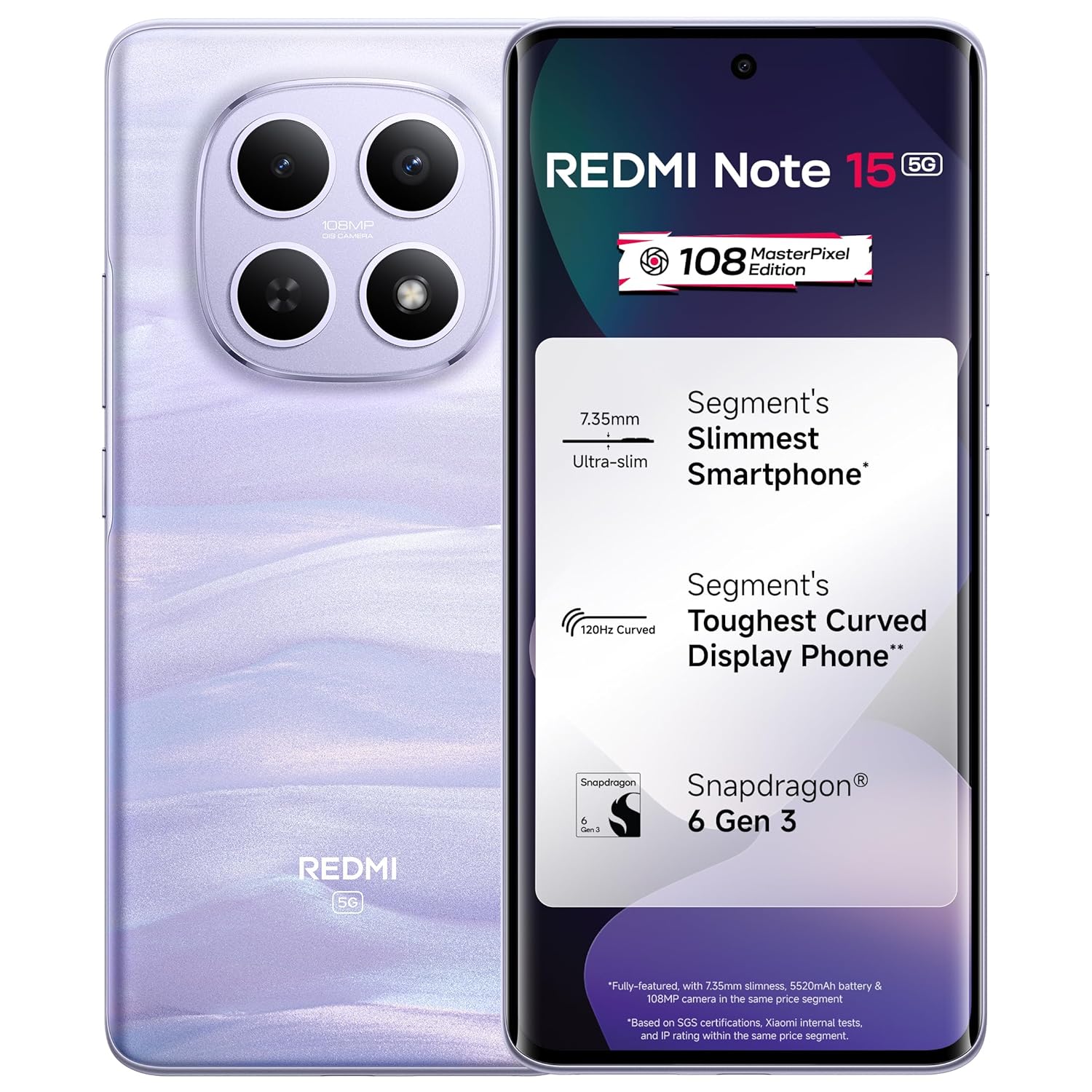 REDMI Note 15 5G (Mist Purple, 8GB RAM 256GB Storage) | 108MP OIS Camera | Snapdragon 6 Gen 3 | 17.2cm Tough Curved AMOLED Screen | Segments Slimmest Phone | 5520mAh Si/C Battery | 45W Fast Charging