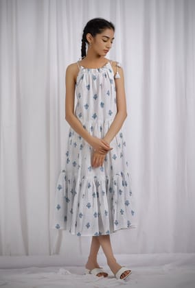 Blue and Green Block Printed Cotton Flared Tier Dress-XXL