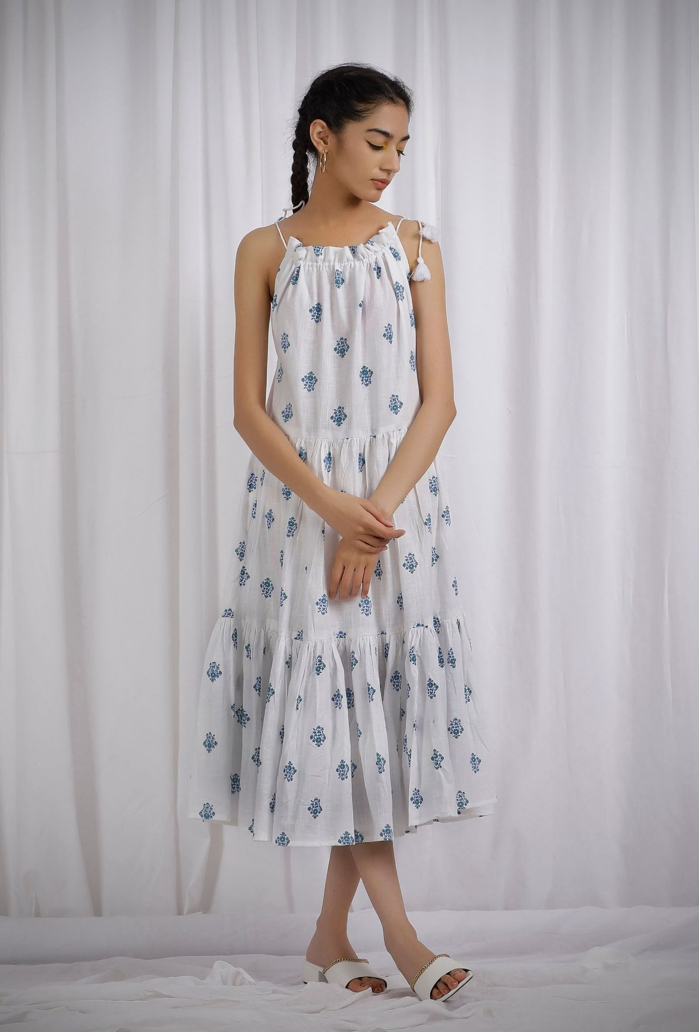 Blue and Green Block Printed Cotton Flared Tier Dress-XXL