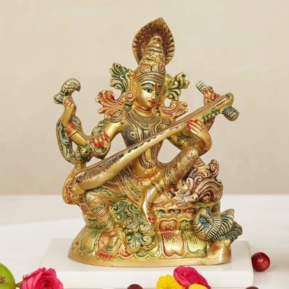 Brass Saraswati Color Idol - Artistic Decorative Statue, Height : 10.5 Inch (BSMAS1413 L)