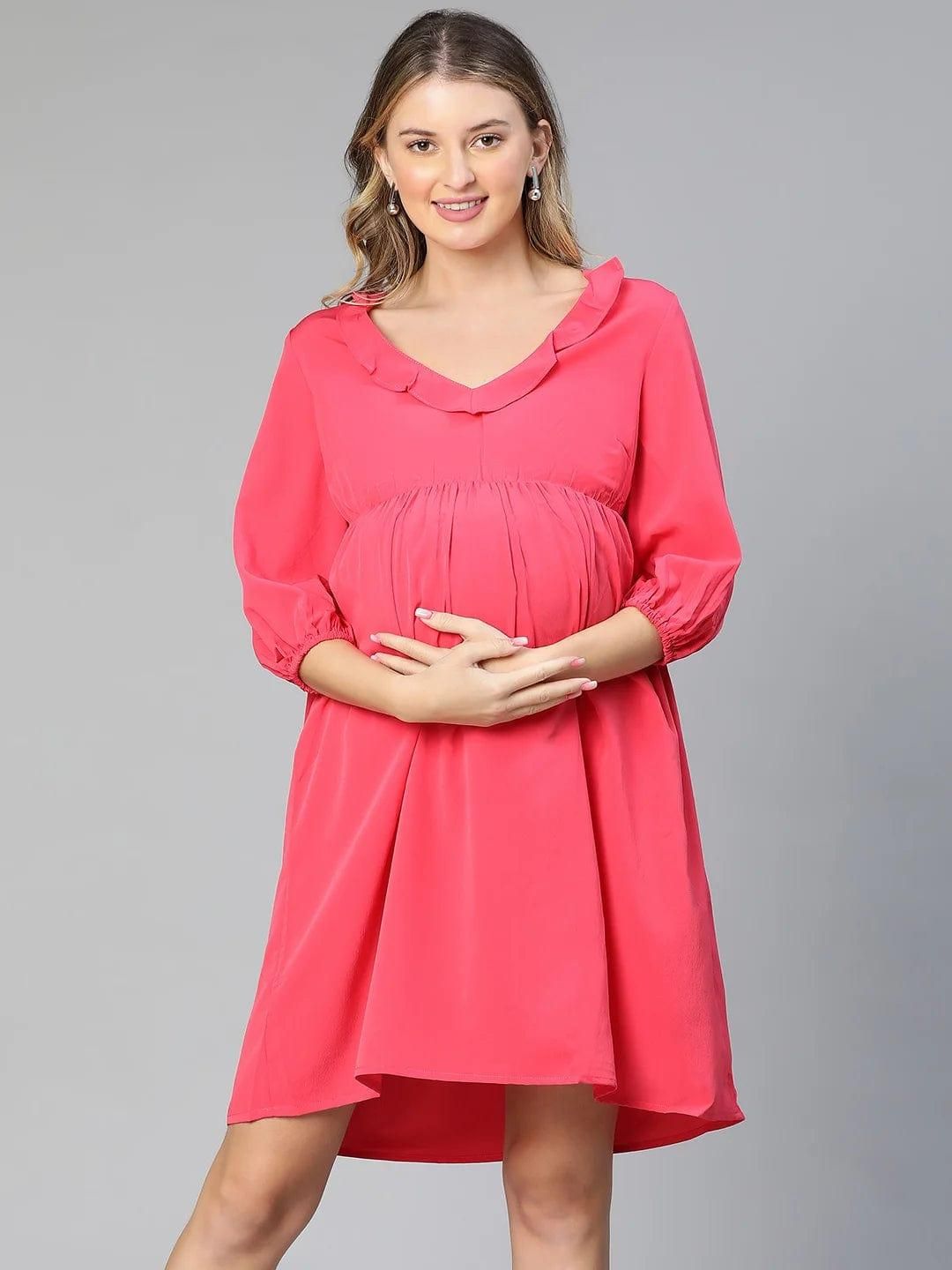 Malicious Pink Round Neck Ruffled Maternity Dress For Moms-S