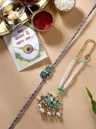 NVR Unisex Set of 2 Turquoise Blue Lotus Shape Kundan-Studded & Beaded Handcrafted Wraparound Rakhi Set With Roli Chawal-Freesize / Turquoise Blue / Brass
