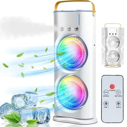 Double Ended Spray Mini Cooler Fan (2026 Model)  USB Rechargeable Mini Cooler with Remote, LED Light, 3 Speed & Mist Modes | Portable Air Conditioner Fan